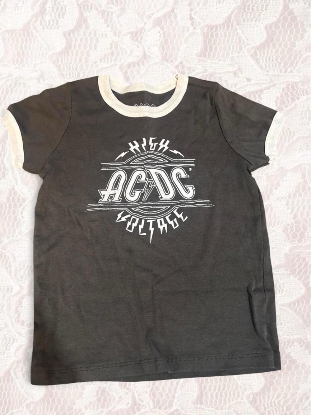 AC/DC Black Crop Ringer Tee with White Trim
